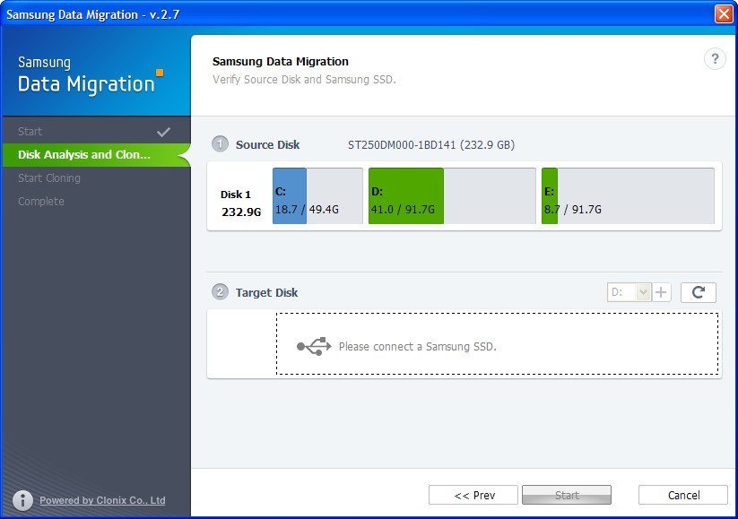 Écran d’analyse du disque source sur Samsung Data Migration avec affichage des partitions et sélection du disque cible. - © Samsung Data Migration
