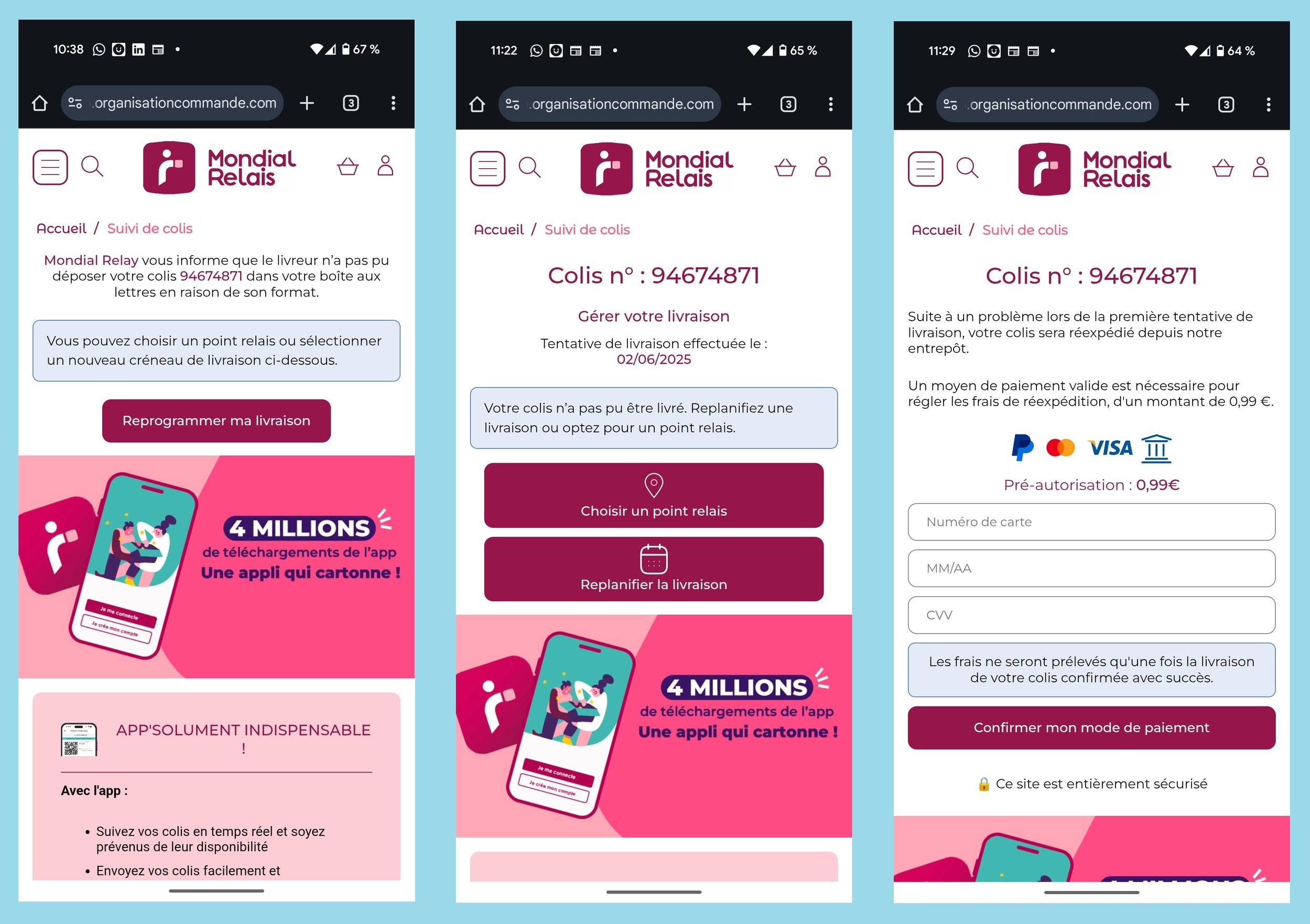 Voici une partie du parcours que les escrocs vous font suivre sur le faux site Mondial Relais © Alexandre Boero / Clubic