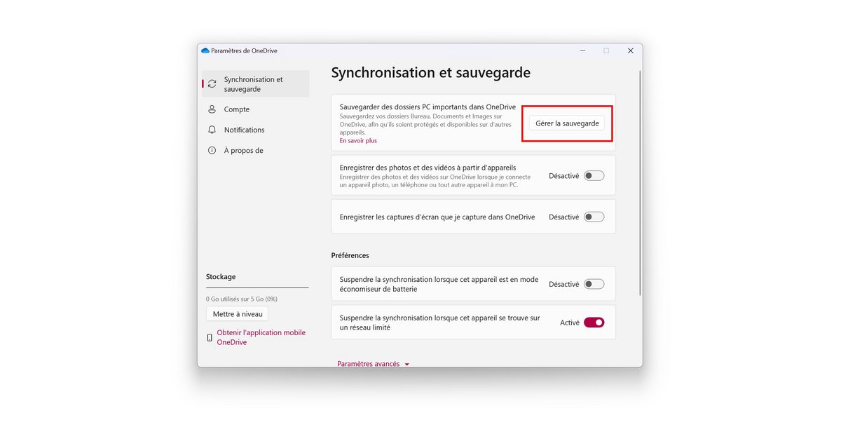 OneDrive - Personnalisation de la sauvegarde