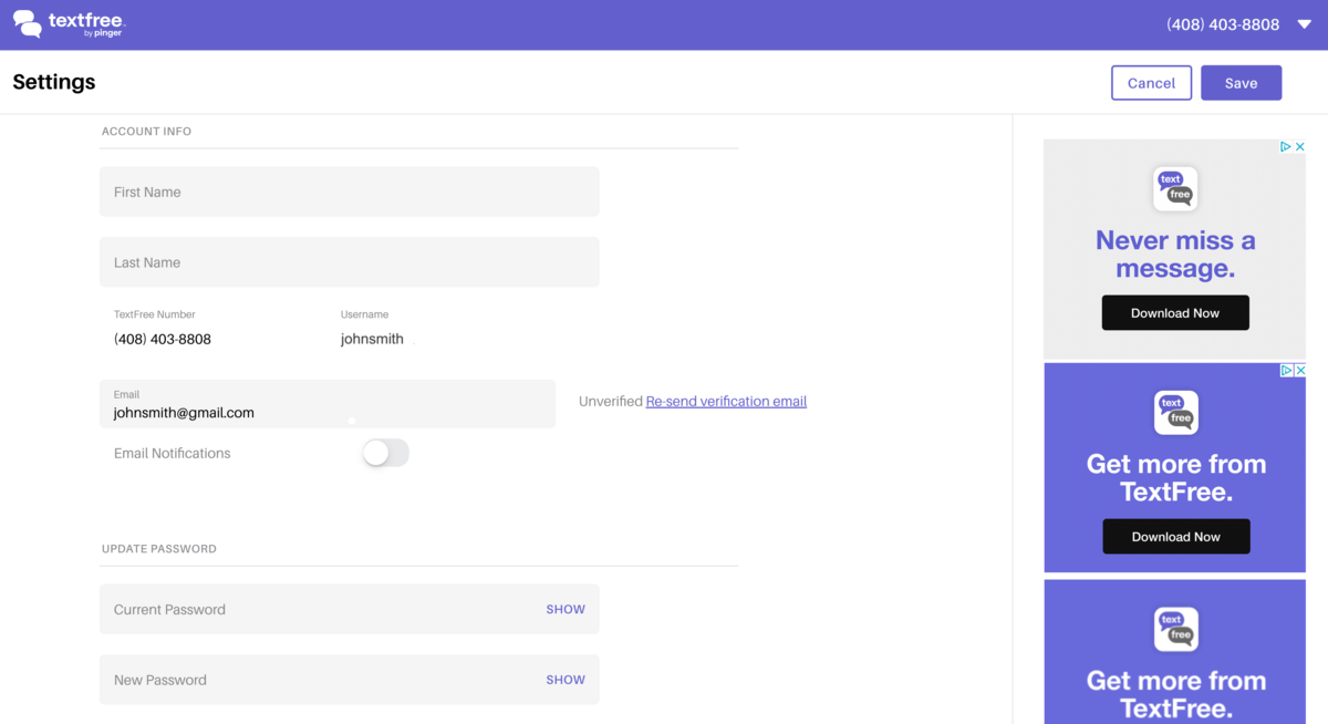 Interface des paramètres TextFree, avec options de gestion du compte, du mot de passe et des notifications. - © TextFree