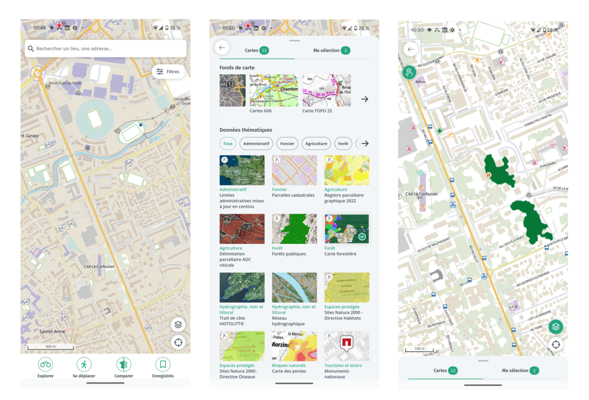 L'ouverture de l'application, puis la sélection du calque "carte forestière" © Alexandre Boero / Clubic