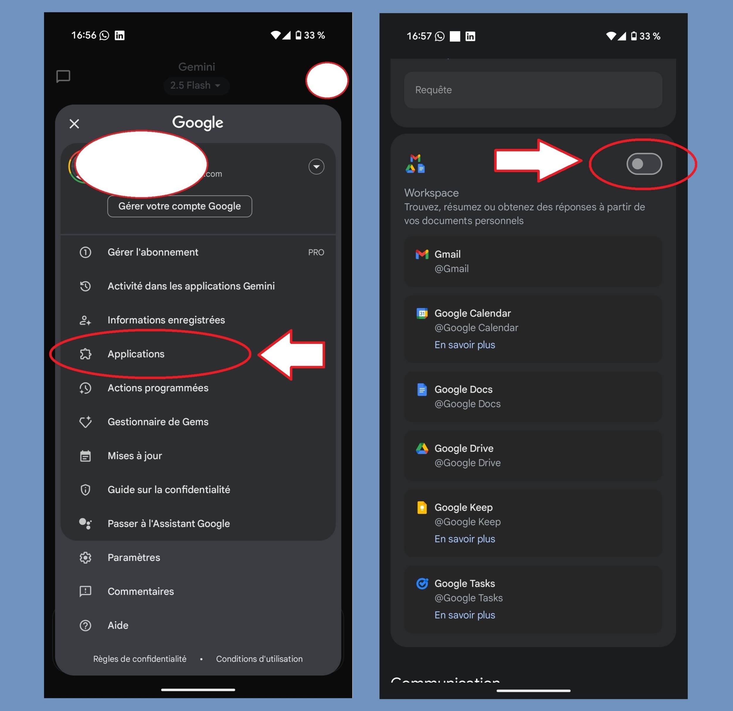 Faites attention à ce que le bouton Worspace soit bien désactivé, si vous ne voulez pas de Gemini sur ces services Google que vous utilisez © Alexandre Boero / Clubic