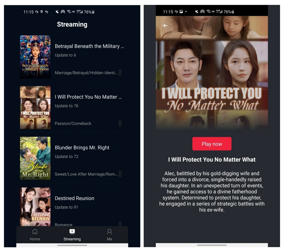 Aperçu de la section « Streaming » de Play Skit affichant plusieurs séries disponibles et leurs genres associés. - © Play Skit