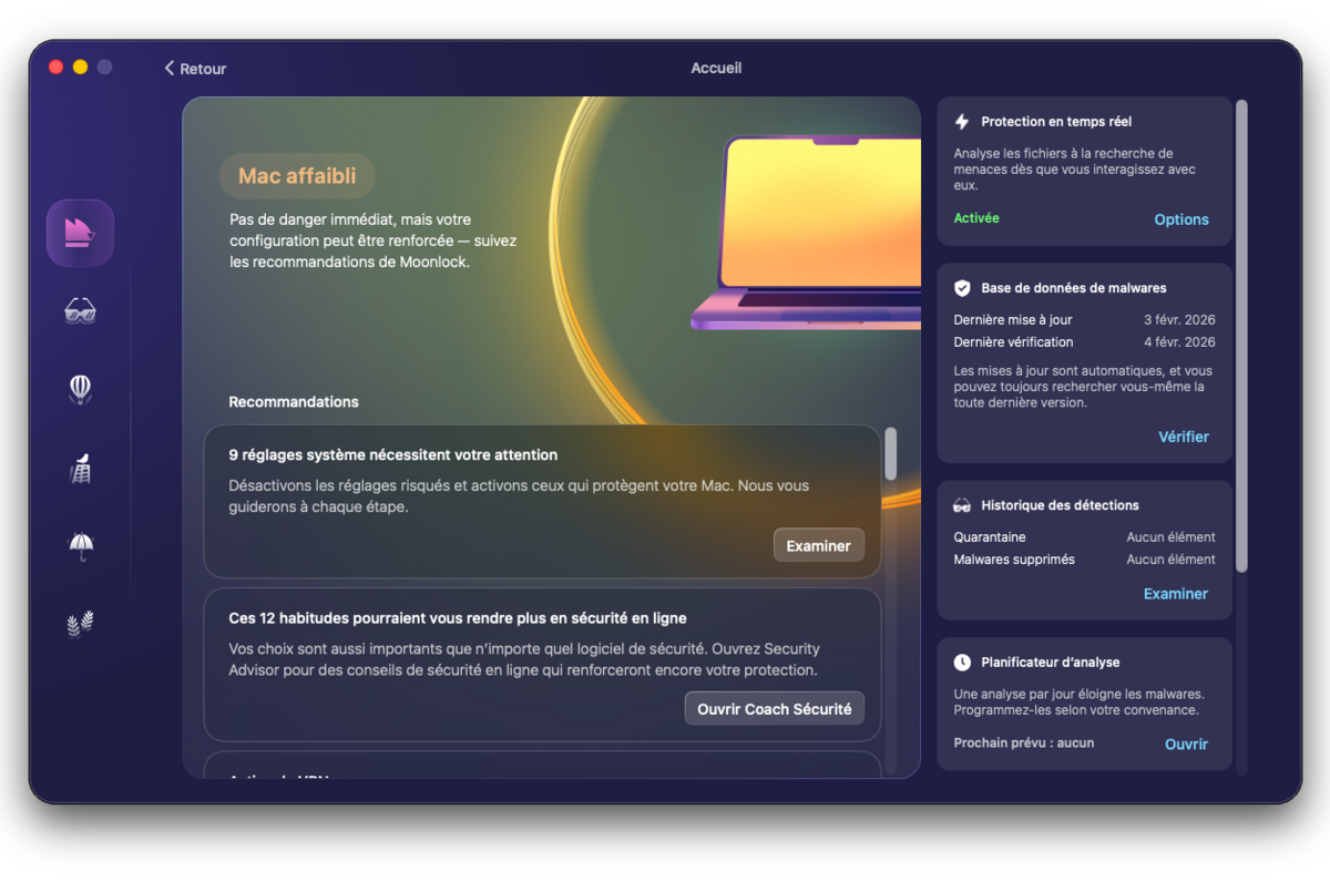 Moonlock - L'interface d'accueil et le tableau de bord. © Clubic
