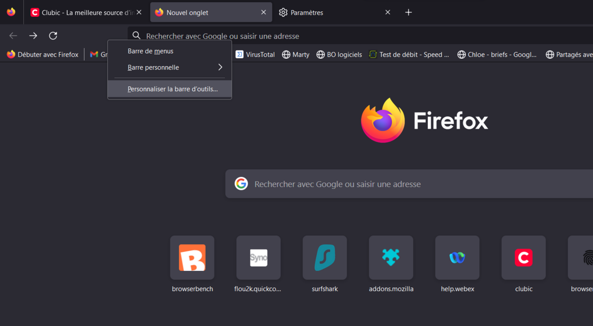 Mozilla Firefox - Personnalisation de la barre d'outils