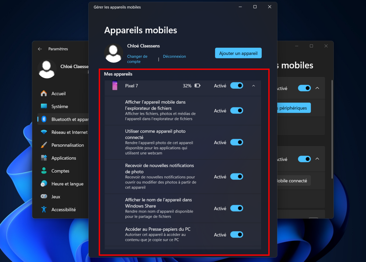 Activez les interrupteurs nécessaires pour profiter de la nouvelle expérience proposée par Lien avec Windows. © Clubic