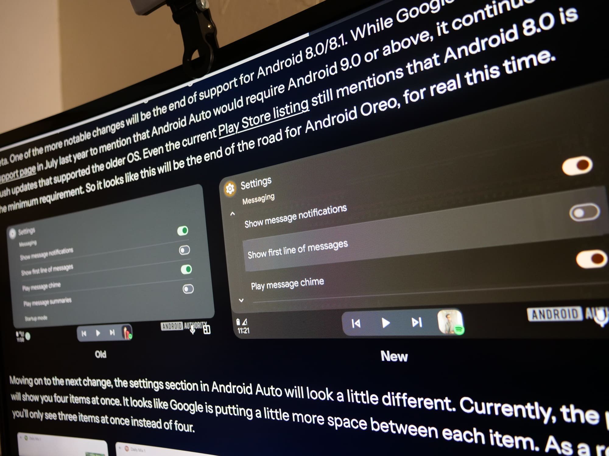 On voit, de la gauche vers le droite, le passage de quatre à trois options simultanées sur Android Auto © Photo du site Android Authority