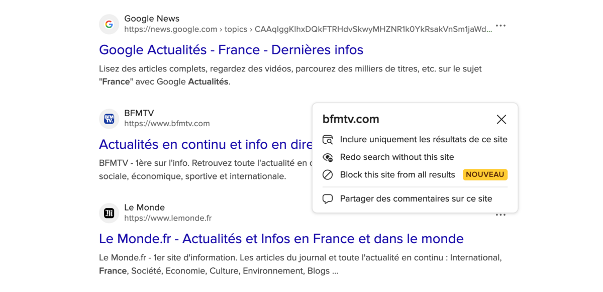 Le blocage d'un site directement au sein des résultats