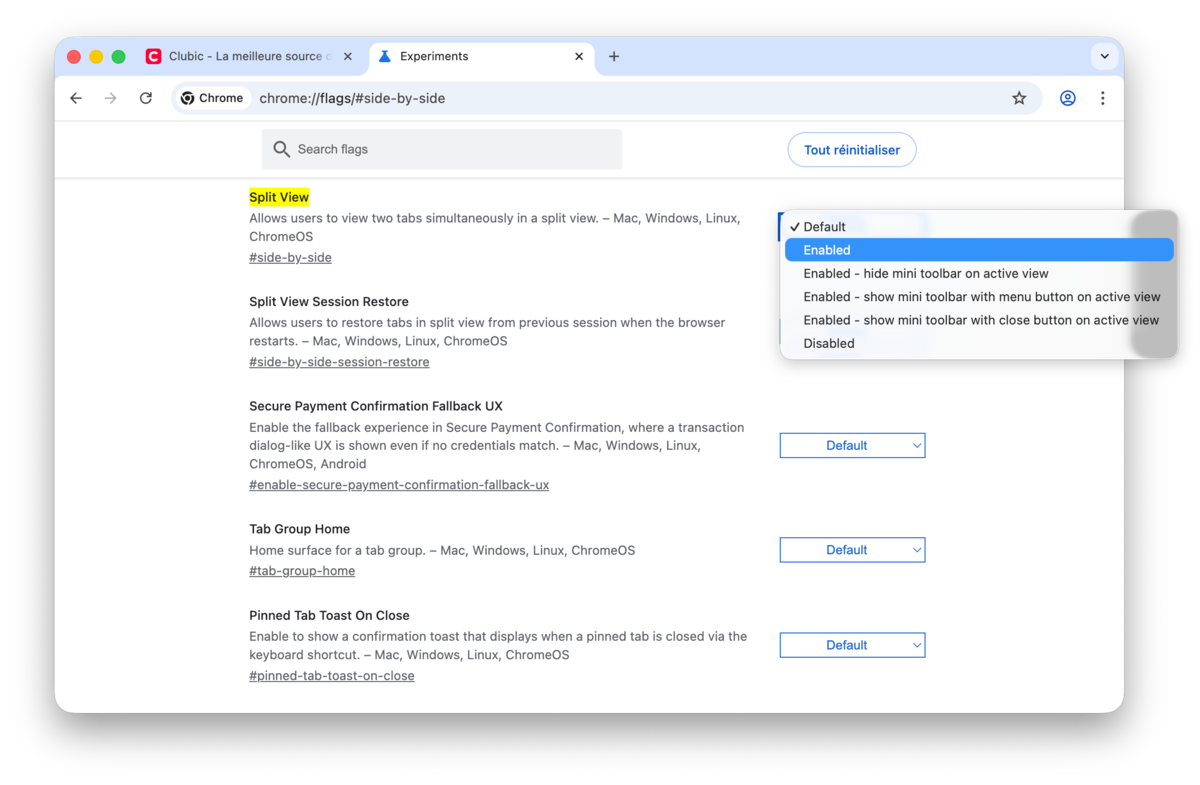 Google Chrome vue fractionnée split view