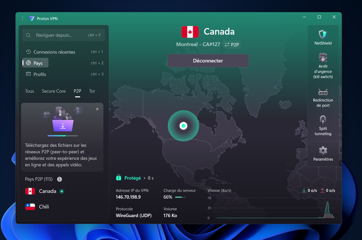 Des serveurs optimisés pour le streaming et le P2P aux quatre coins du monde : Proton VPN vous aide à contourner efficacement le traitement différencié du trafic opéré arbitrairement opéré par votre FAI. © Clubic