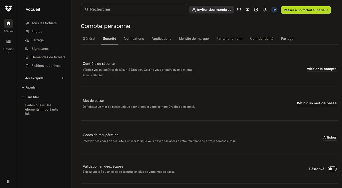 Renforcez la sécurité de votre profil © Dropbox