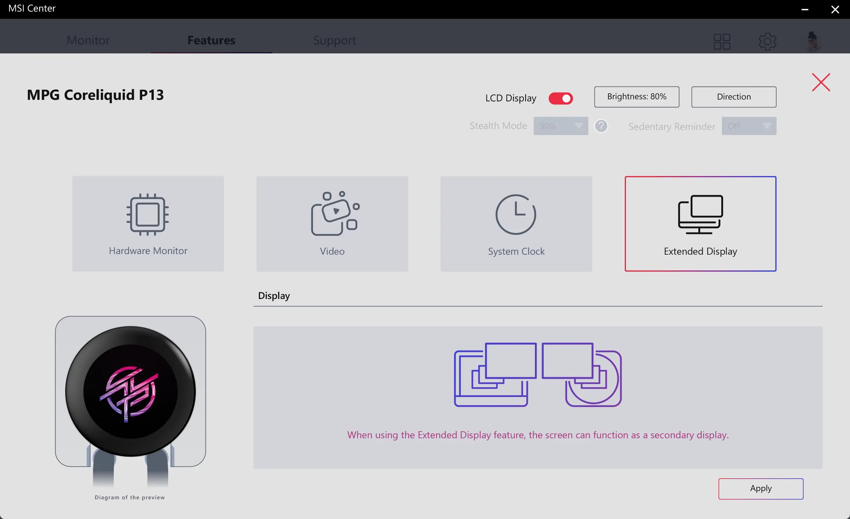 Le MSI Center autorise de nombreux paramétrages pour l'écran du bloc CPU. ©VideoCardz