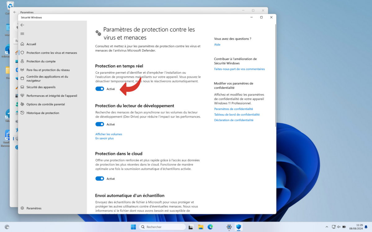 Attention : La protection se réactivera automatiquement au prochain redémarrage du PC. © Clubic