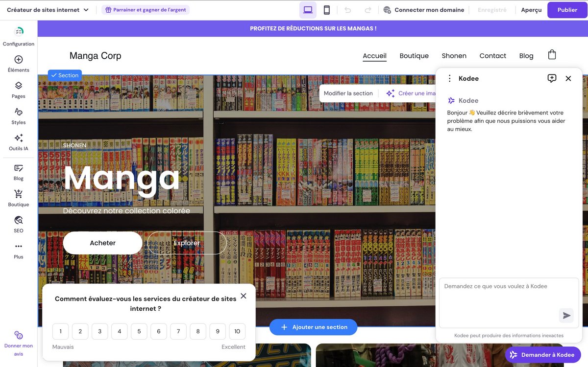 Créateur de sites web Hostinger - Support et évaluation de l'expérience utilisateur. ©Hostinger