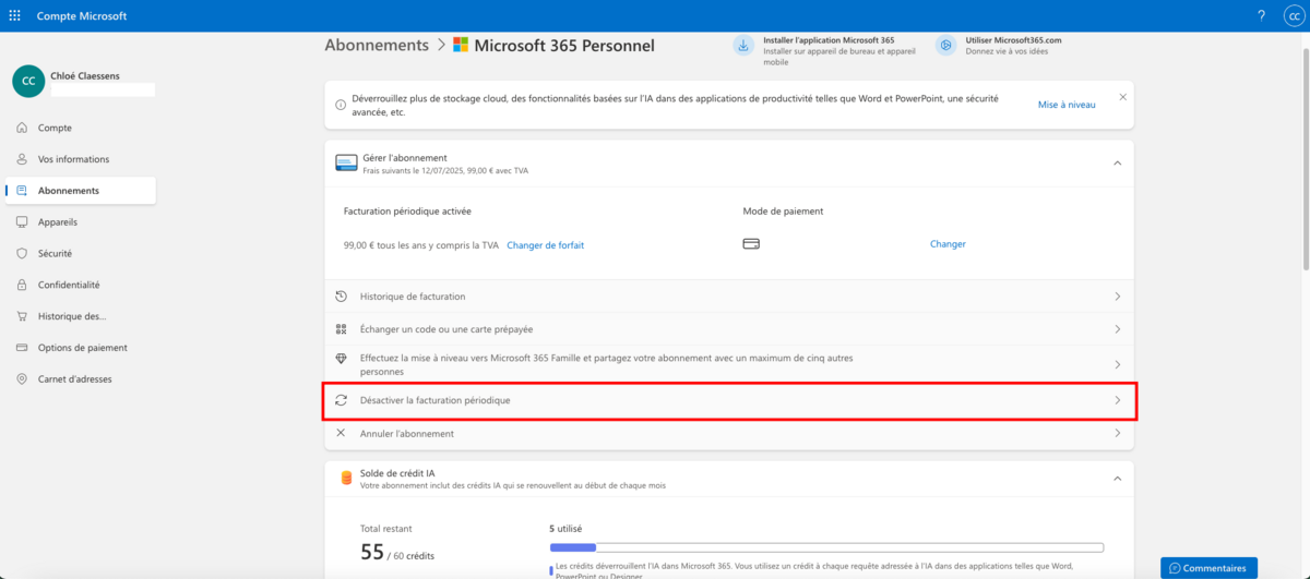 Désactivez la "Facturation périodique" pour échapper à l'augmentation tarifaire de Microsoft 365 © Clubic