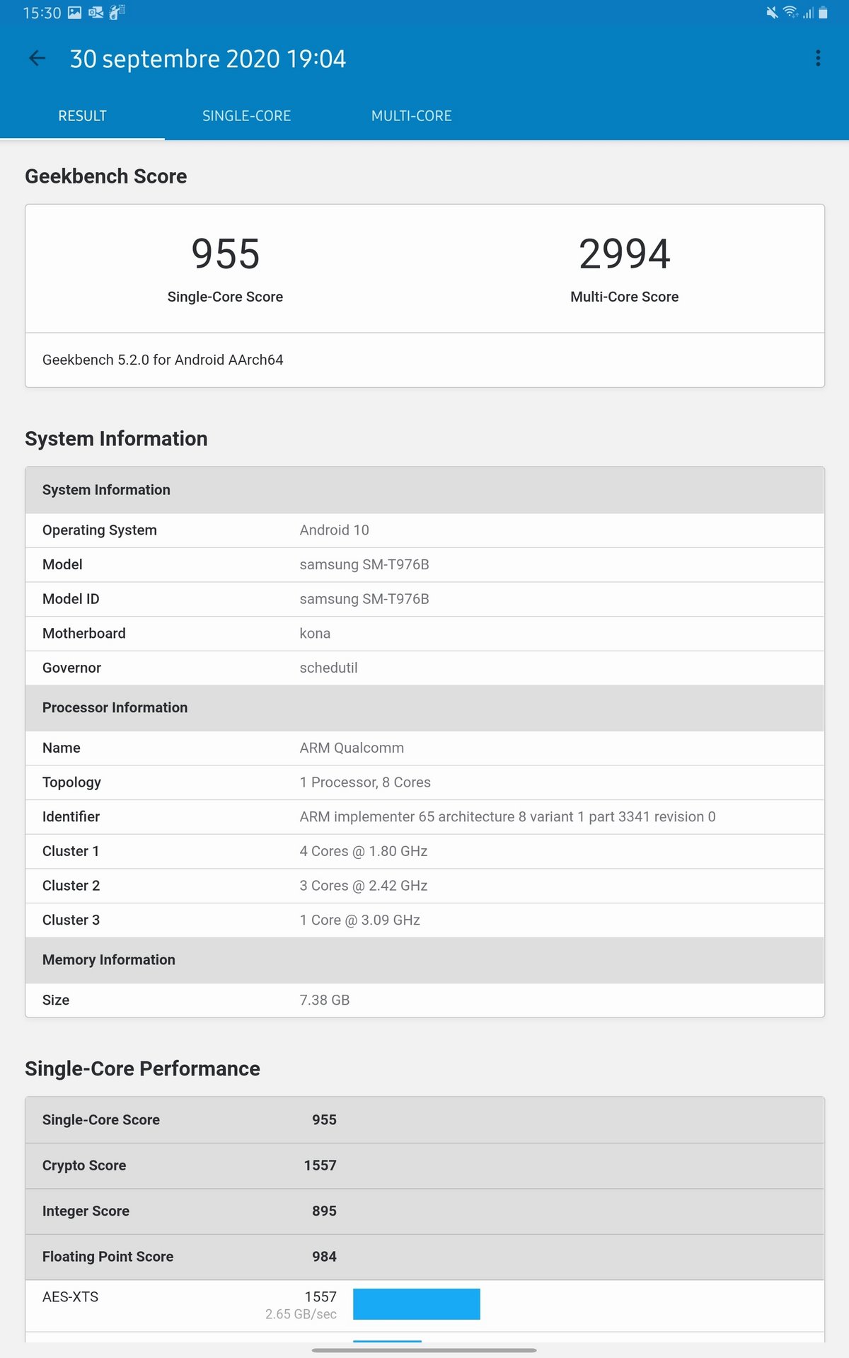 Benchmark de la Galaxy Tab S7+ © Clubic