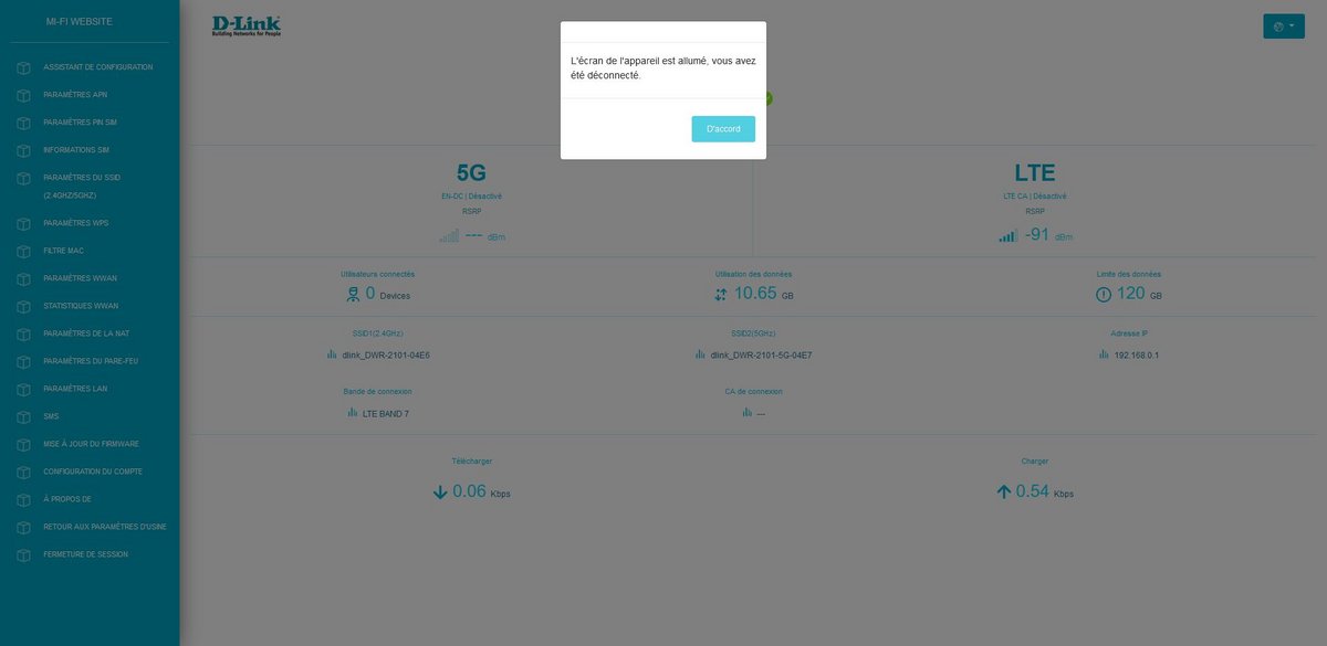 Éjection de la session quand l'écran du DWR-2101 est allumé