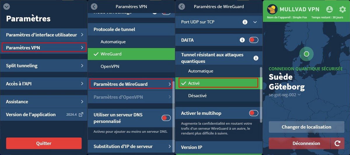 Le bouclier post-quantique est activable dans les paramètres WireGuard de Mullvad © Clubic