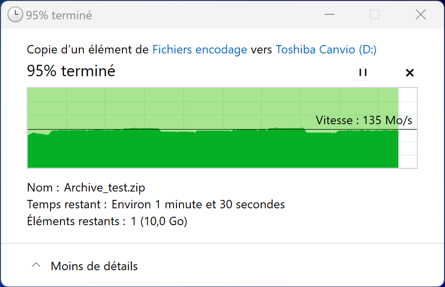 Débits observés en écriture sur une copie « simple » via l'Explorateur de Windows © Nerces