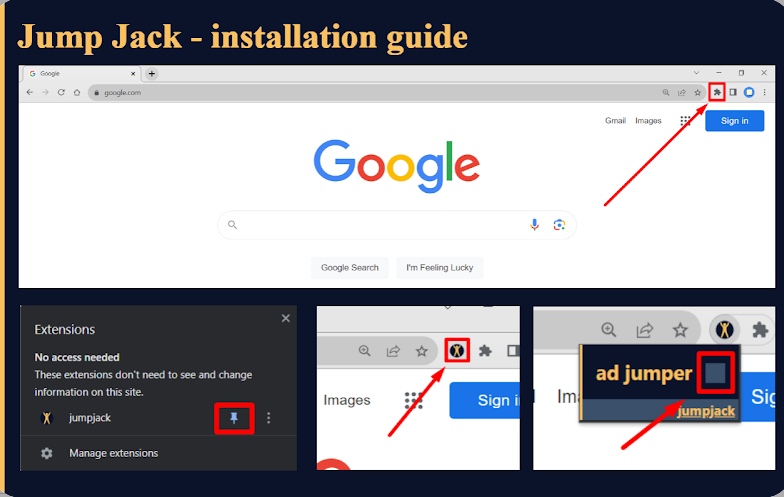 Installation de Jumpjack sur Chrome, avec l’accès rapide depuis la barre des extensions - © Jumpjack