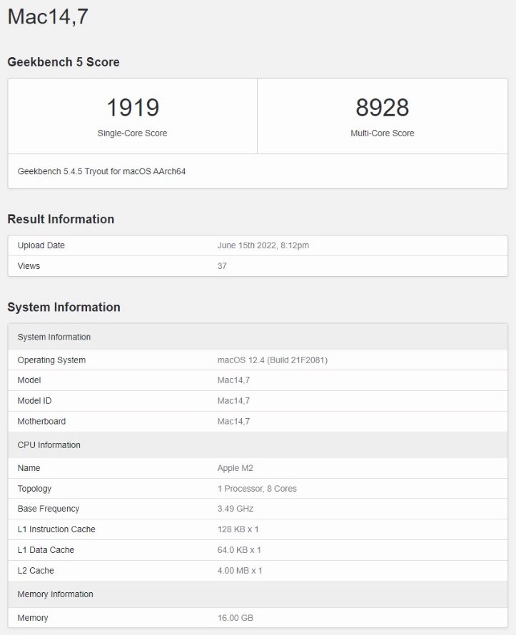 Apple M2 bench