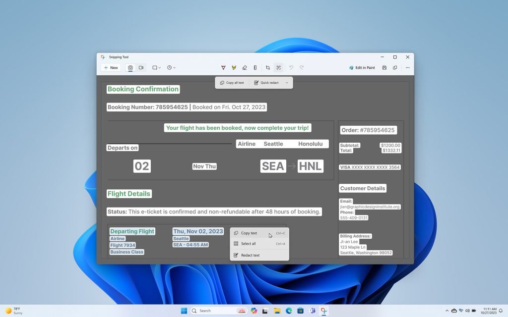 La fonction d'extraction de texte de l'outil Capture d'écran de Windows 11 © Microsoft