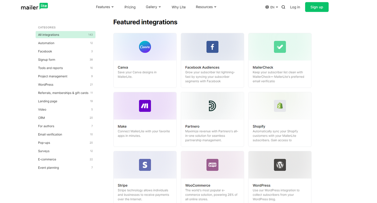 Intégrations disponibles au sein du logiciel Mailerlite © Mailerlite