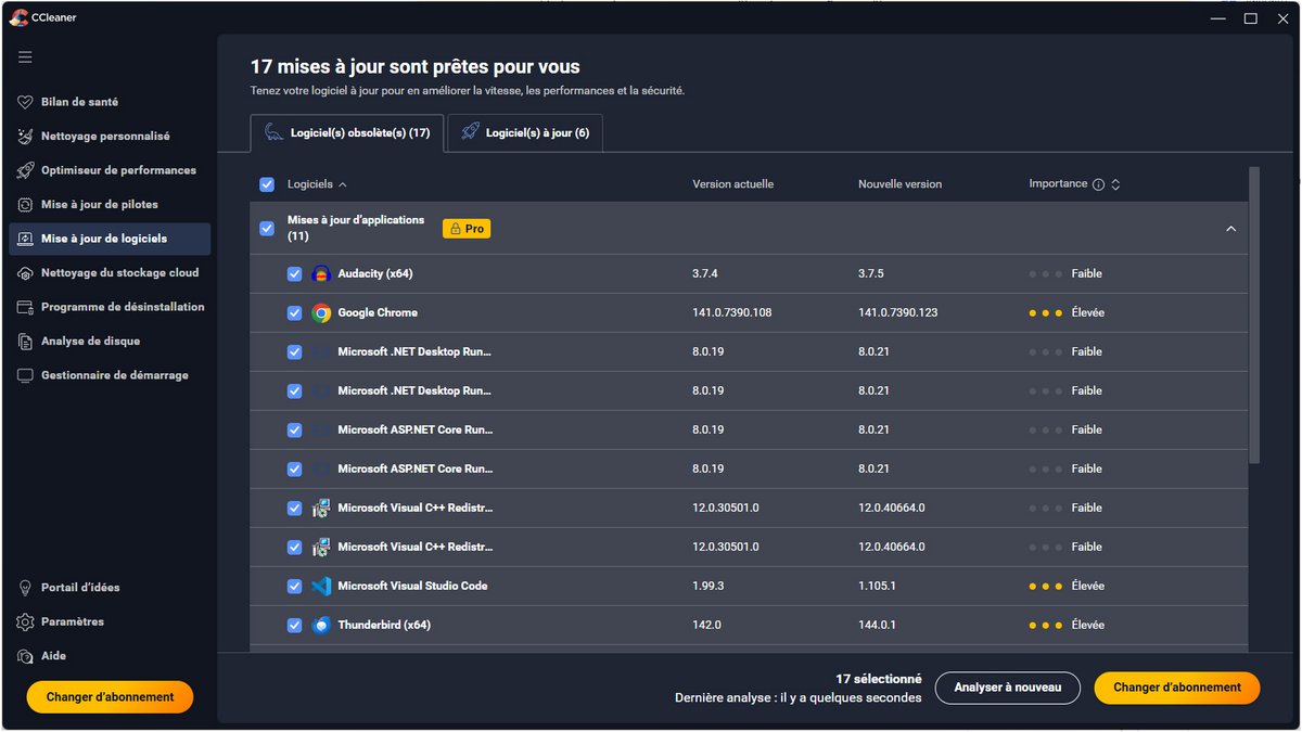 Le module Software Updater de CCleaner maintient les logiciels à jour pour renforcer la sécurité et la compatibilité, tandis que l’ensemble du programme optimise la fluidité et la stabilité du système - © Piriform