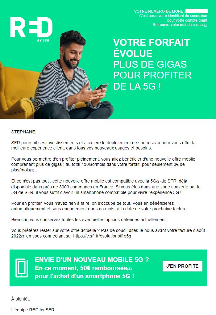 Abonnés SFR RED, vérifiez vos boites mails, vous avez peut-être reçu récemment un mail similaire à celui ci-dessus (Image : Stéphane Ficca pour Clubic)