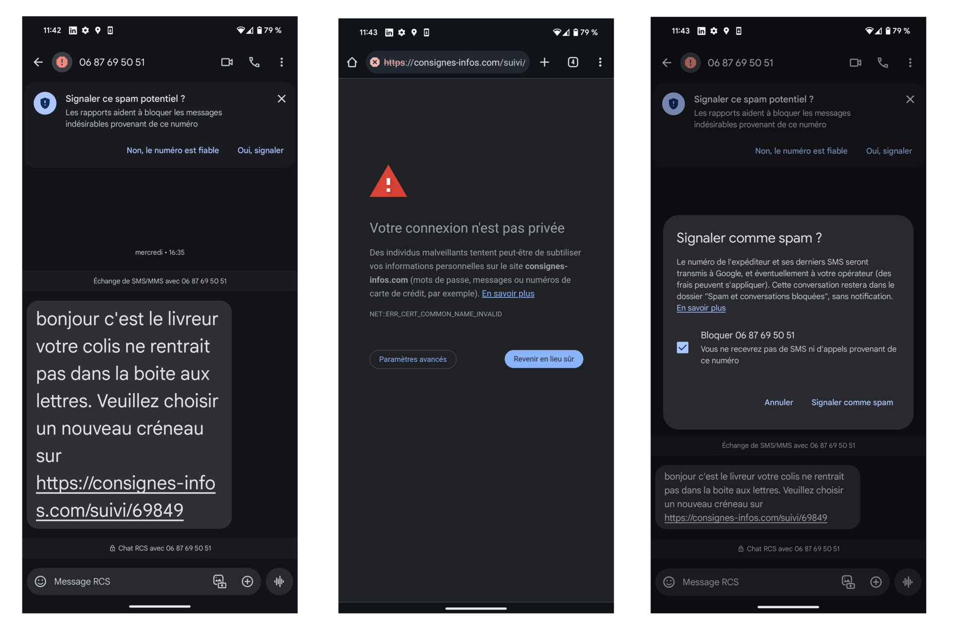 Voici le fameux SMS, qui visiblement a déjà été signalé un bon nombre de fois © Alexandre Boero / Clubic