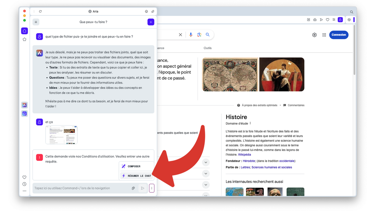 Résumer le chat avec Aria © Clubic