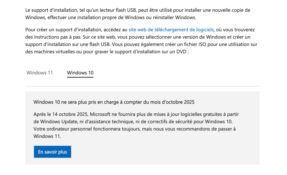 La page de support pour Windows a été remaniée pour faire disparaître les version 7 et 8.1, et enfoncer le clou concernant la fin de vie de l'édition 10 © Microsoft