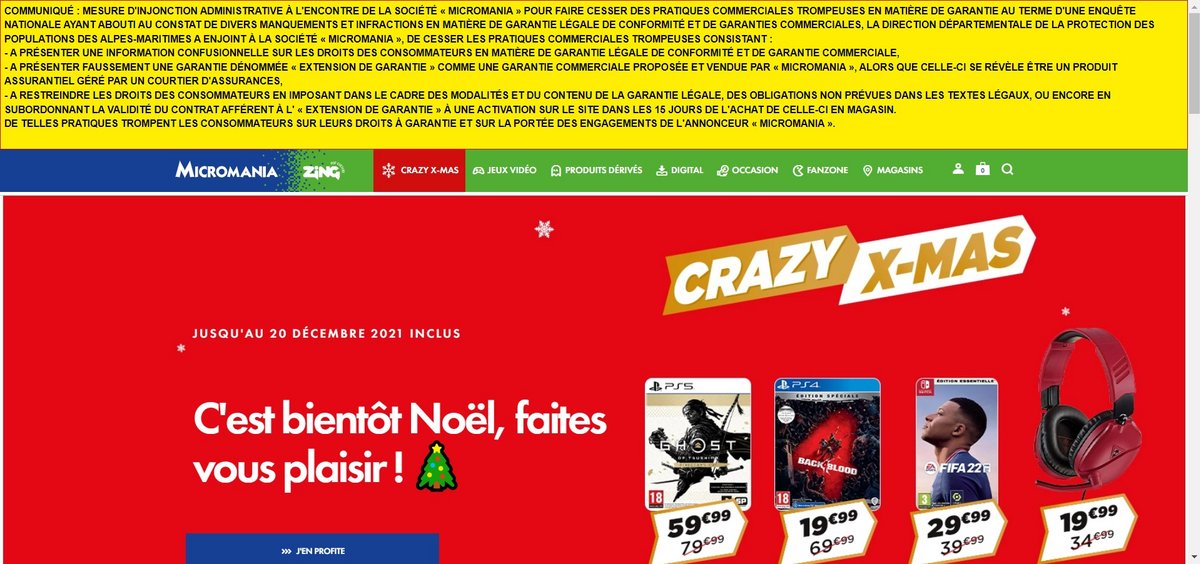 © Capture d'écran du site Micromania.fr, le 20 décembre 2021