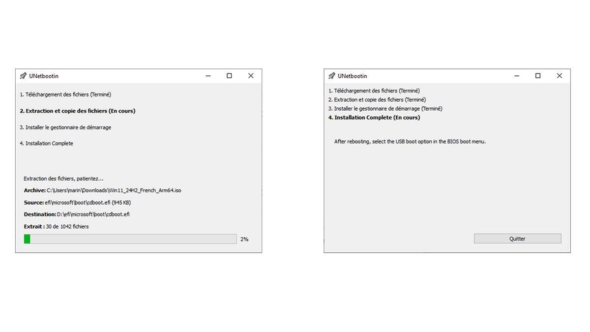 UNetbootin en cours de création de clé USB bootable de Windows 11 ARM © Clubic