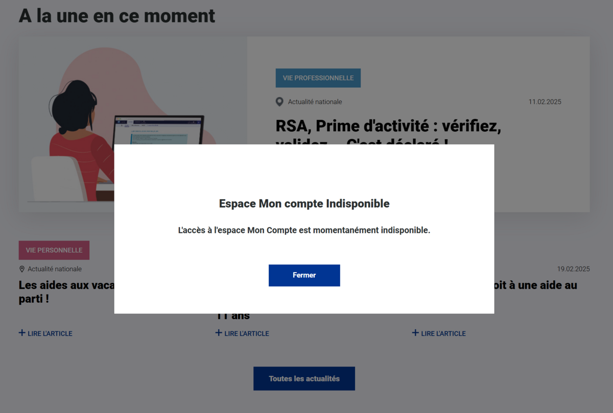 La connexion est impossible depuis ce matin © Clubic / Capture d'écran CAF 