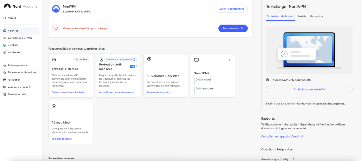 NordVPN -  L'interface web du compte utilisateur