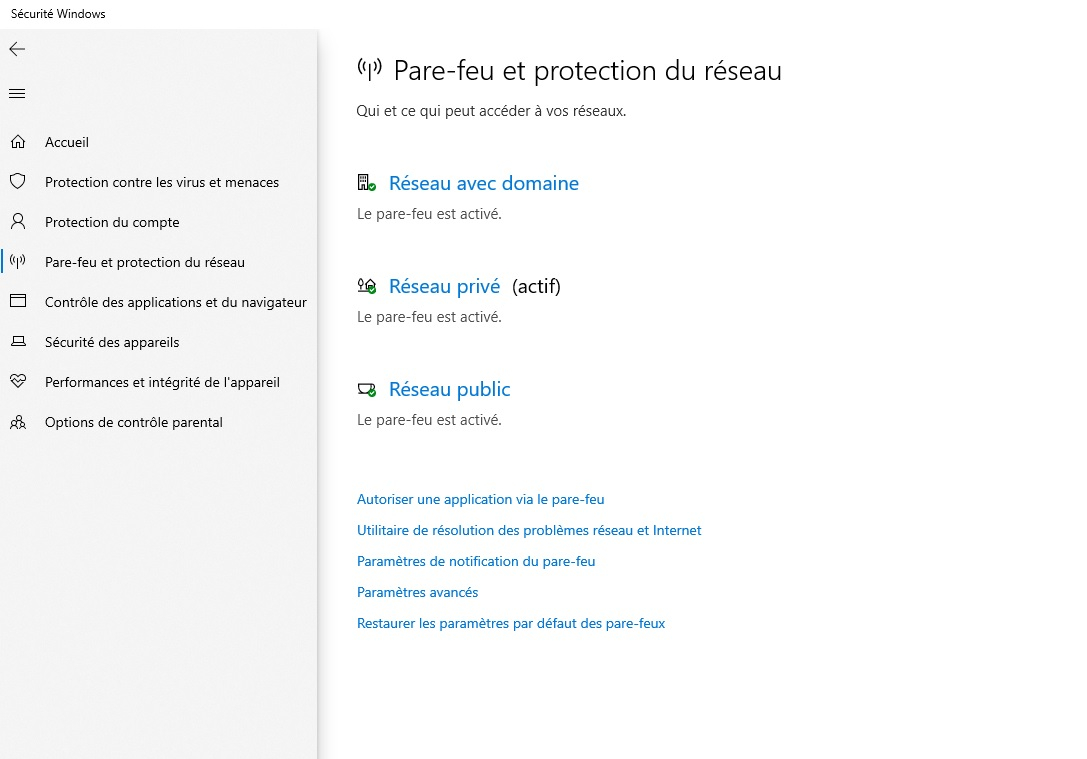 Pare-feu de Windows Defender : protection sur les réseaux privés et publics