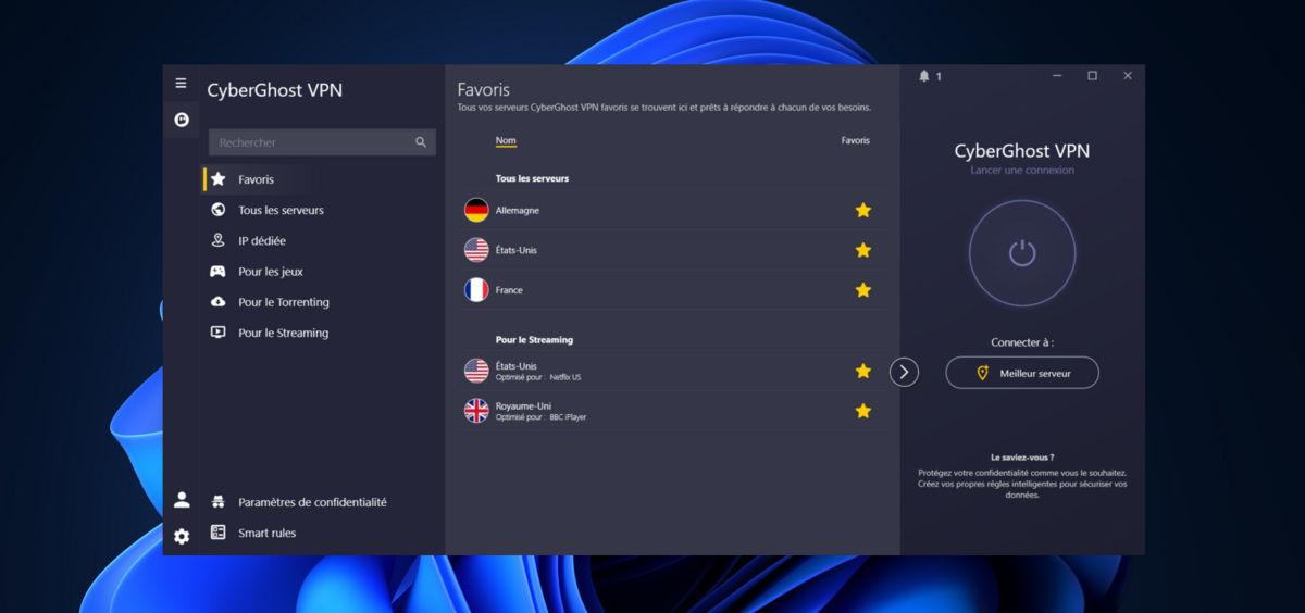 CyberGhost - la liste des serveurs et emplacements favoris 