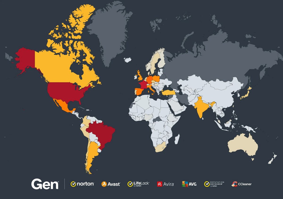 La France, le Brésil et les Etats-Unis sont sur le podium des pays les plus touchés par les arnaques aux faux antivirus © Gen Digital