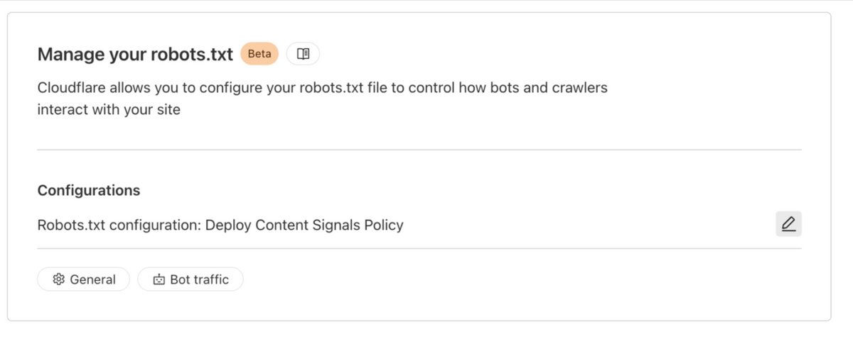 Cloudflare nous montre le bouton qui permet de configurer, depuis ses paramètres, le fichier robots.txt © Cloudflare
