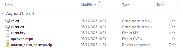 Exemple de fichiers téléchargés après configuration du serveur chez Cyberghost (clés et format .opvn pour Open VPN).
