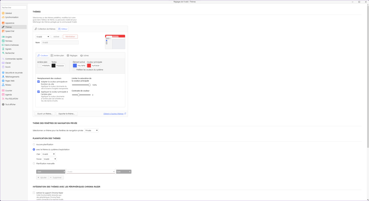 Vivaldi - Les paramètres des thèmes
