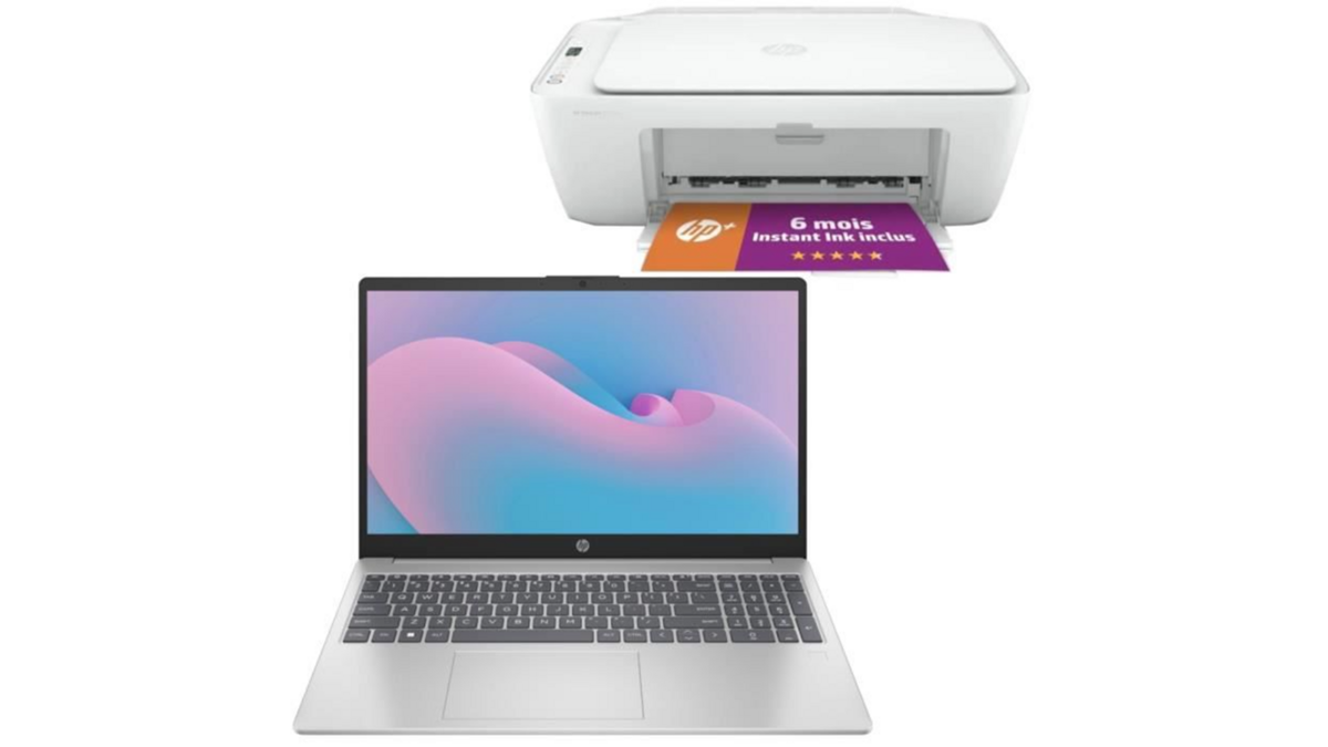 Le PC portable HP 15" avec l'imprimante HP Deskjet 2710e