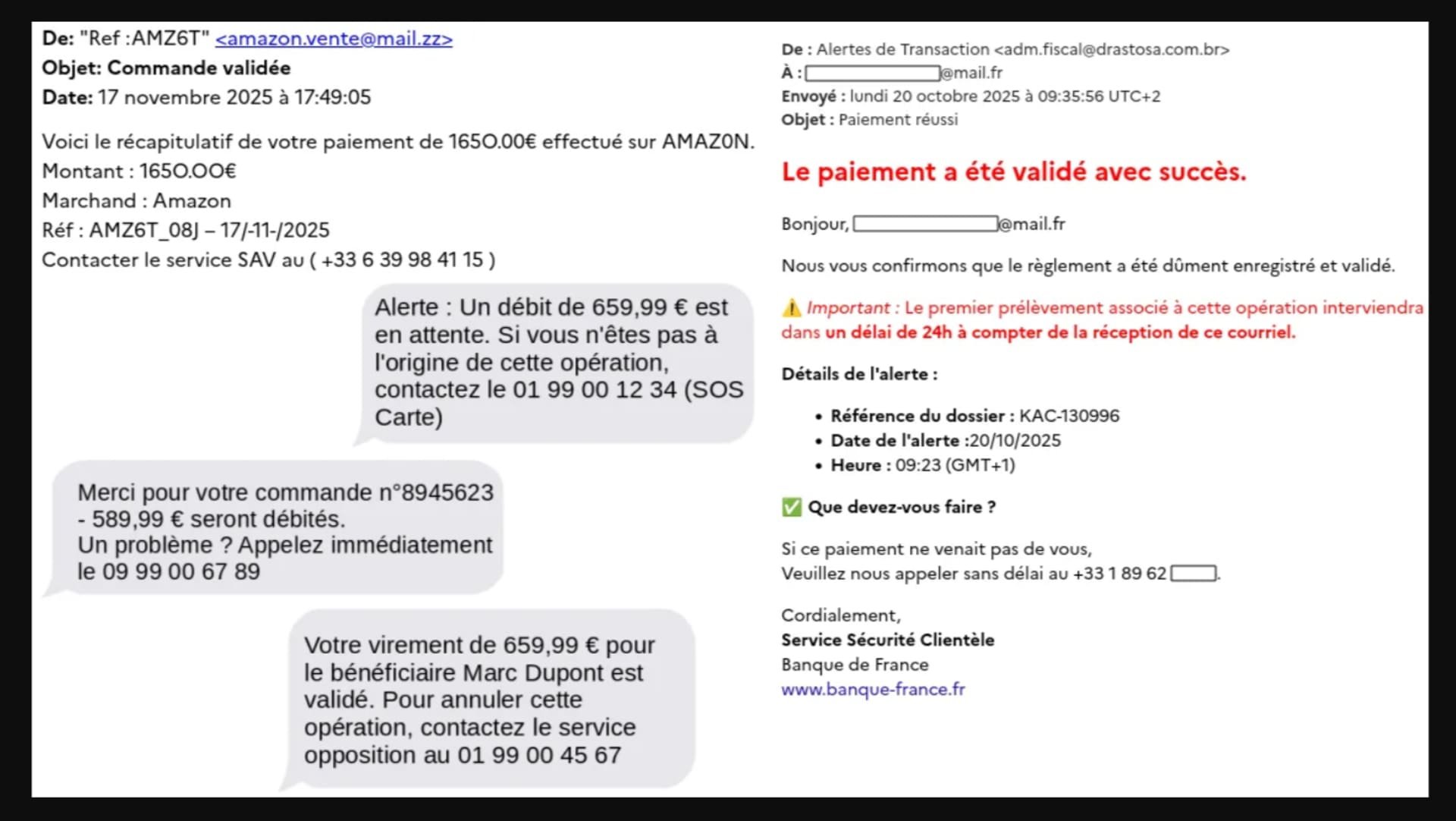 Voici quelques exemples de SMS et e-mails frauduleux. © Cybermalveillance.gouv.fr