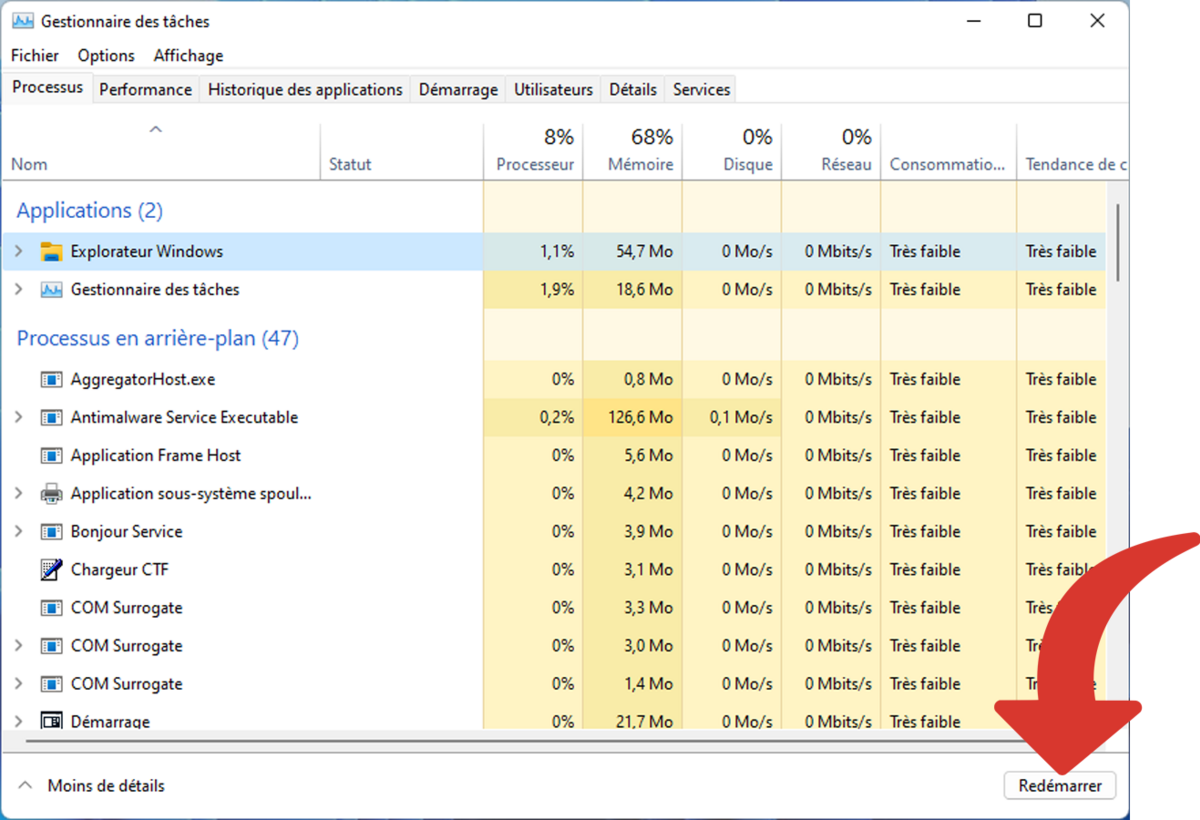 Redémarrer l'Explorateur Windows dans le Gestionnaire des tâches