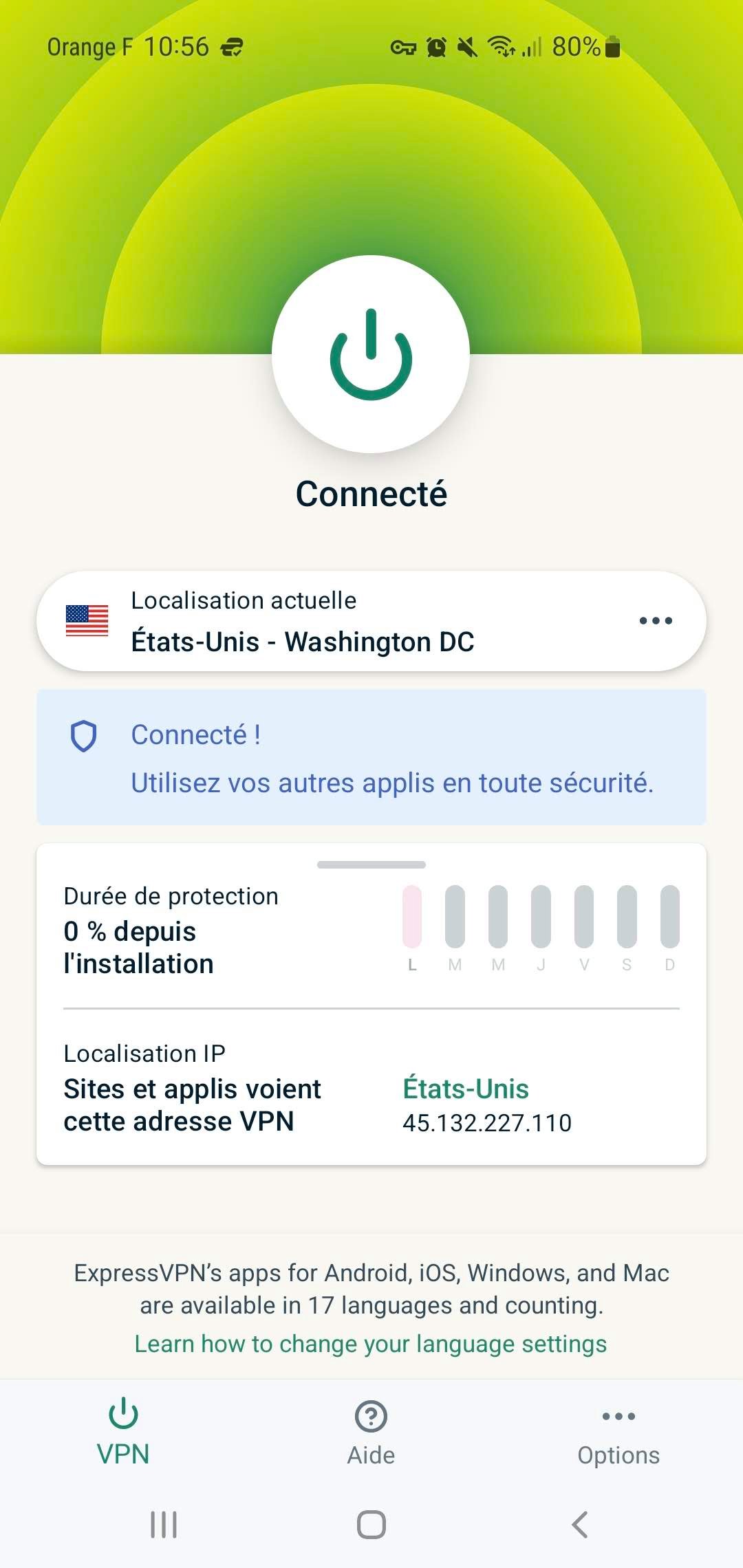 ExpressVPN - L'interface de connexion Android