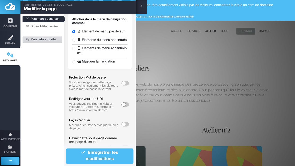 Paramétrez vos pages en quelques clics © Infomaniak