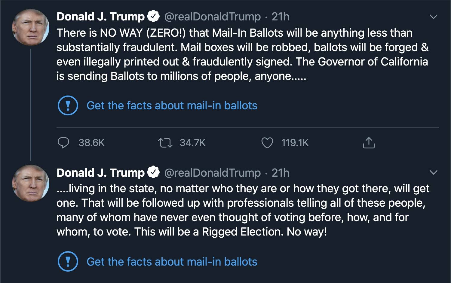 Les tweets de Donald Trump sous lesquels se trouvent le message d'alerte