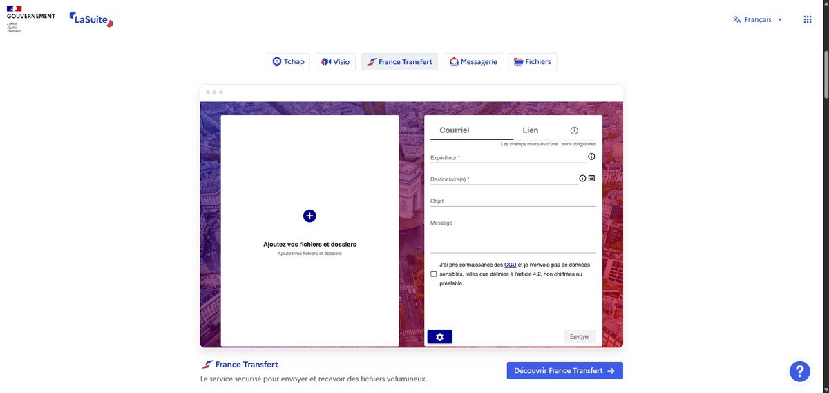 Capture d'écran de la plateforme LaSuite, avec ici le service France Transfert. © Alexandre Boero / Clubic