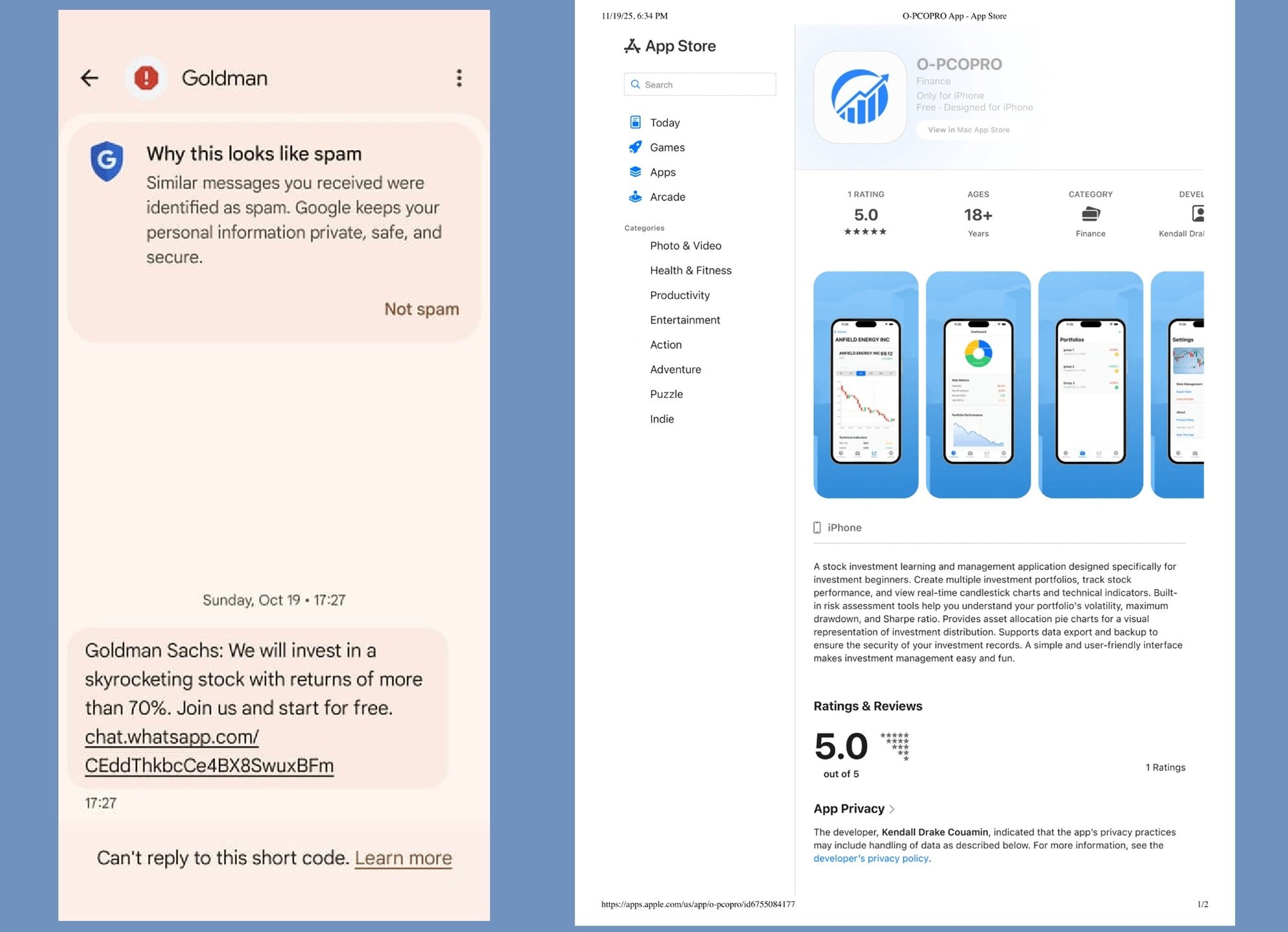 À gauche, le SMS de départ, qui sert d'appât, et à droite, l'application disponible l'App Store. © CheckPoint / Clubic